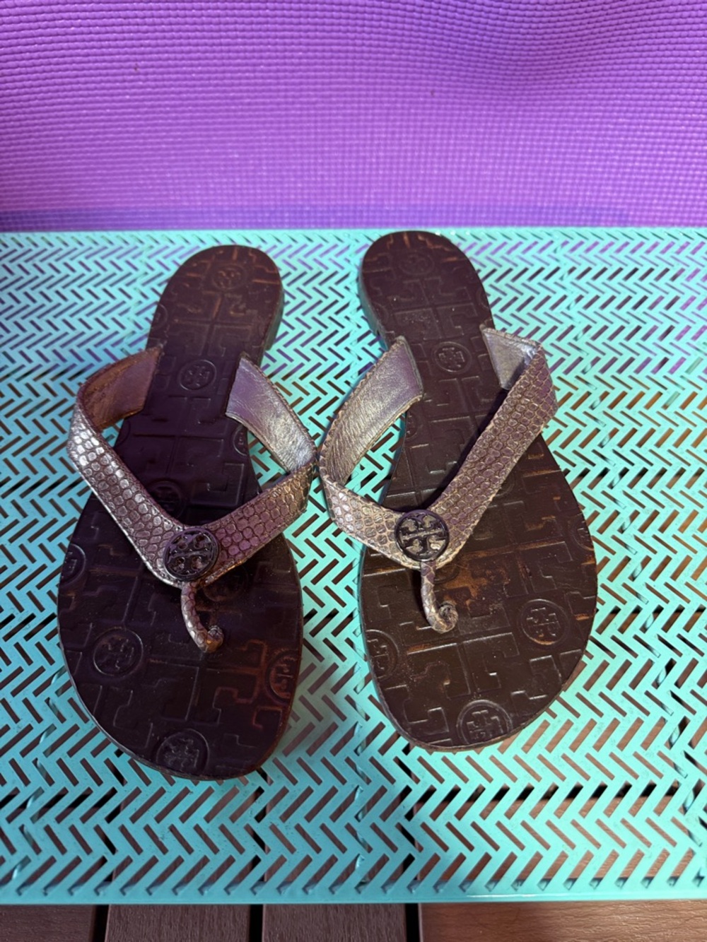 Tory Burch Bronze Metallic Snake-Embossed Flip Flops